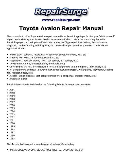 2000 toyota avalon repair manual