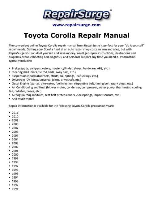 2001 toyota corolla service repair manual