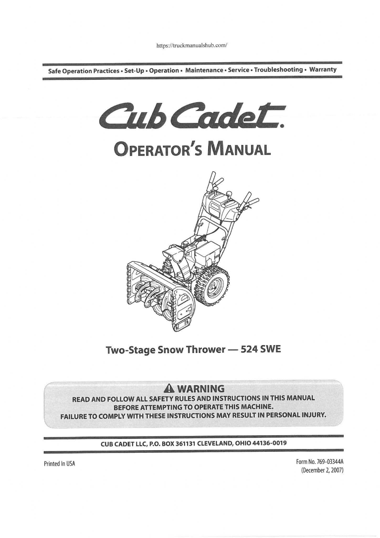 cub cadet snow blower repair manual