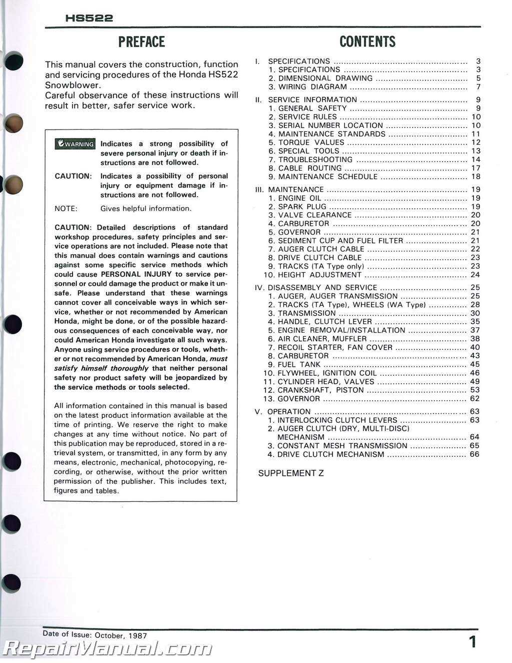 honda hs520 repair manual